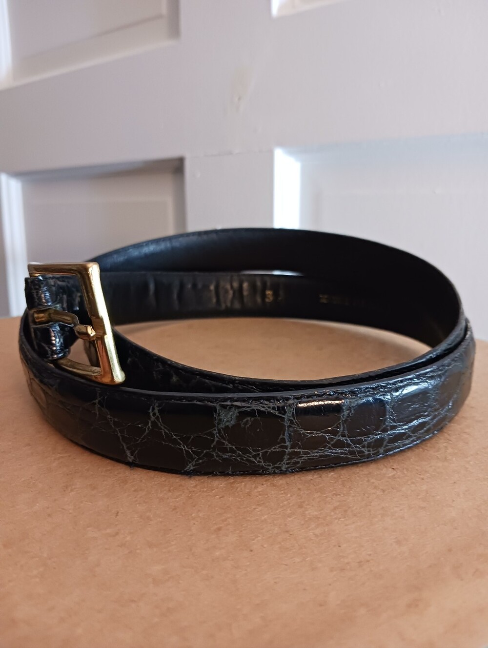 Black Reptile Print Belt Marked "...Alligator" "Solid Brass" Women's Sz 34